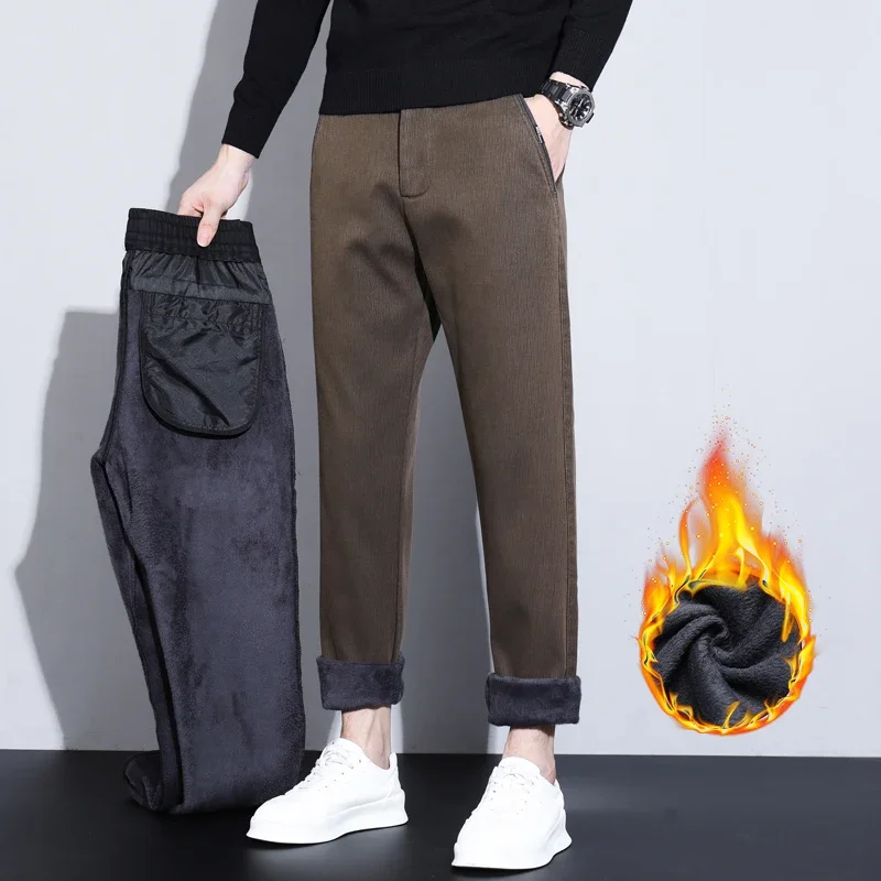 Autumn Winter Soft Cotton Fleece Casual Pants Men Warm Stretch Waist Straight Versatile Trousers Fashion Youth Overalls