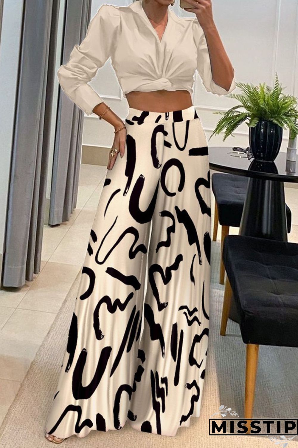 White Casual Print Patchwork Turndown Collar Long Sleeve Two Pieces