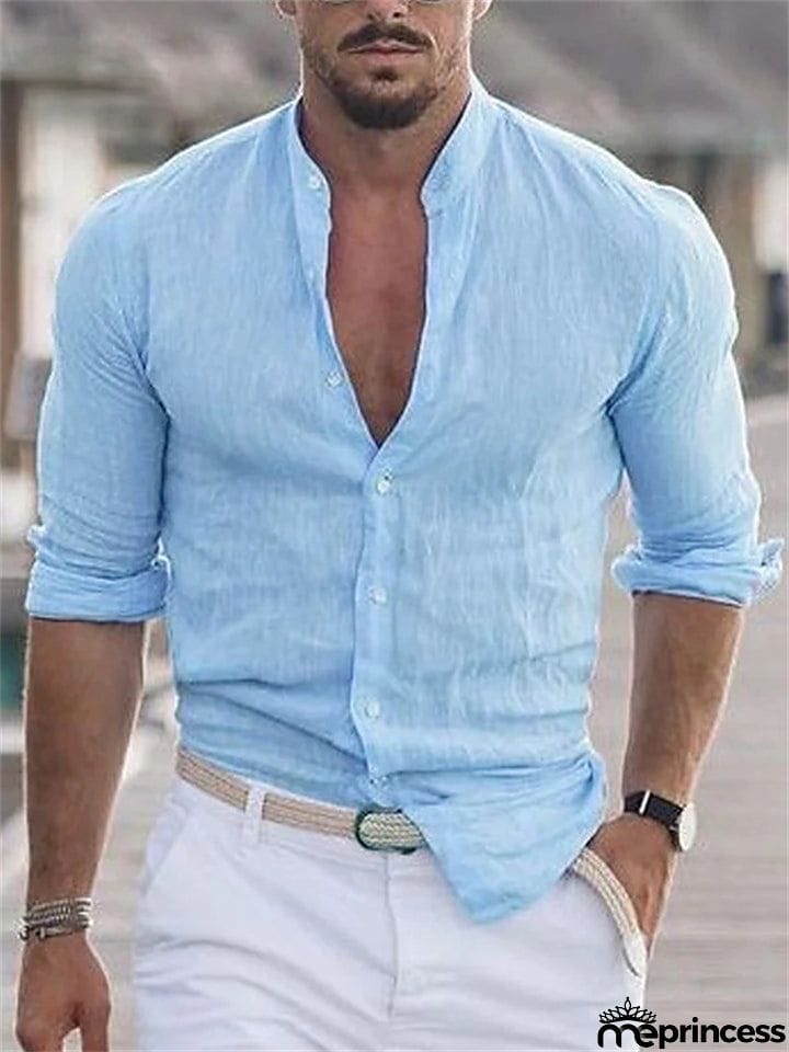 Casual Men's Stand Collar Long Sleeve Button Shirts