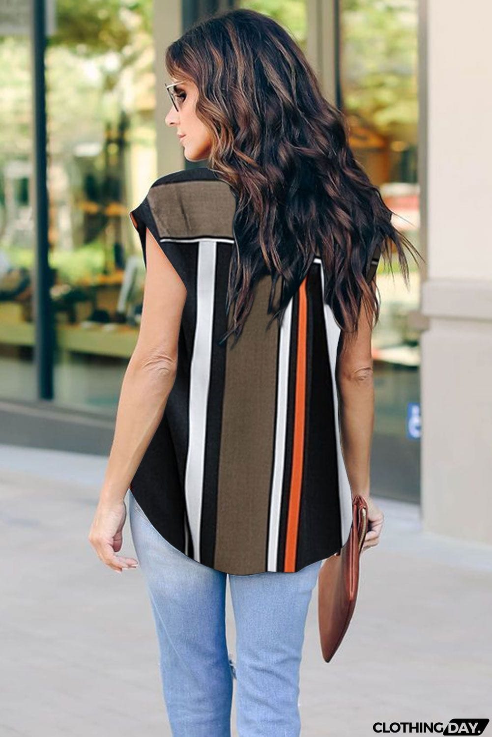 V Neck Stripes Roll up Short Sleeve Zip Up Blouse