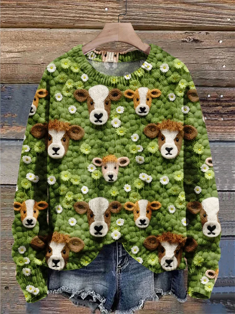 Comstylish St. Patrick's Day Gift Cow Flower Art Print Knit Pullover Sweater