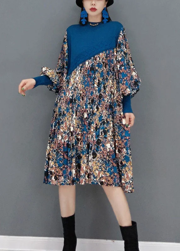 Boutique Blue O-Neck knit Patchwork Chiffon Holiday Dress
