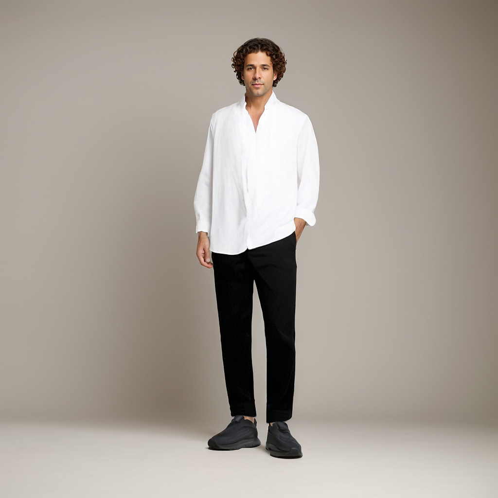 Men's Solid Linen Shirt Stand Collar REAL SILK LIFE