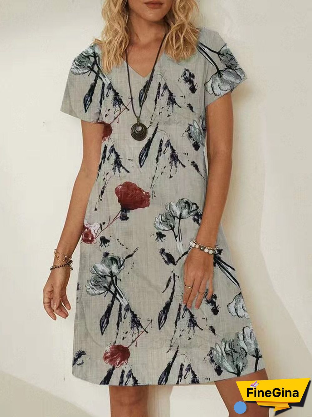 Flower Print V-neck Short Sleeve Vintage Dress For Women