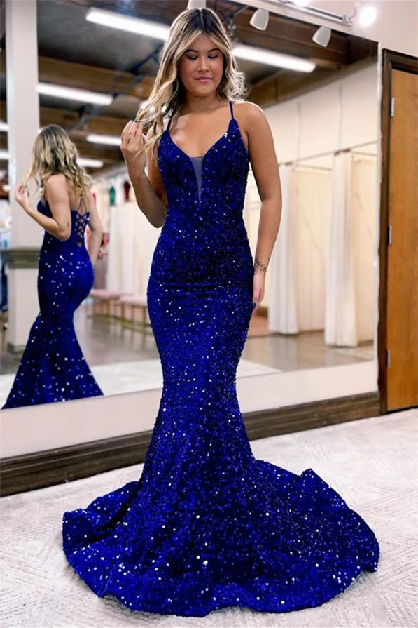Daisda Shiny Sequin Mermaid Evening Dress Blue Floor Length Online Prom