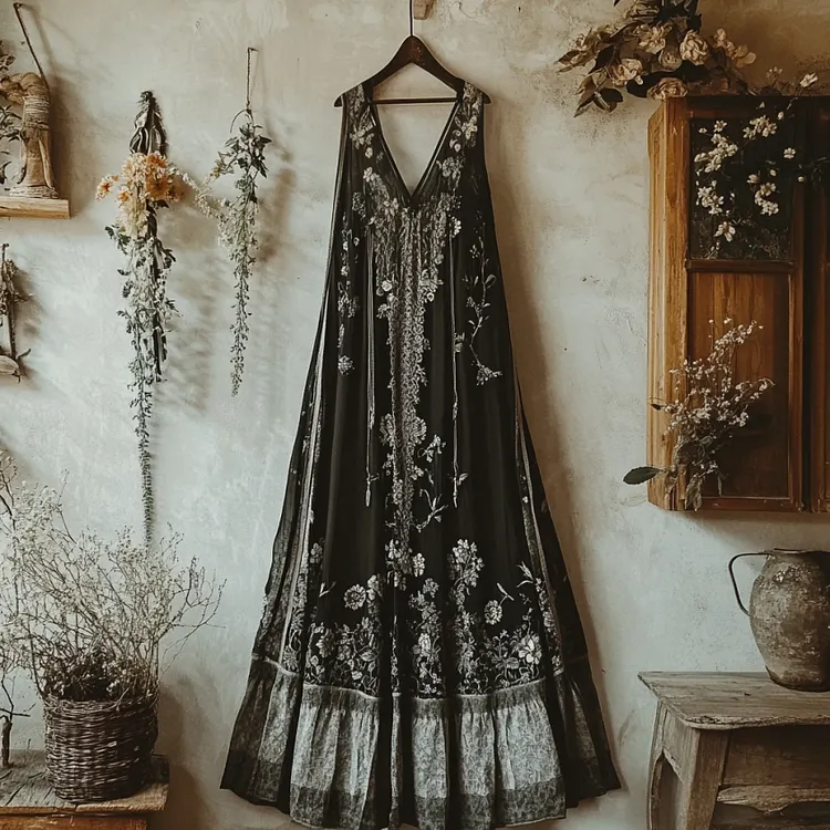 Lunivibe Boho Floral Embroidered Pattern Lace Linen Dress