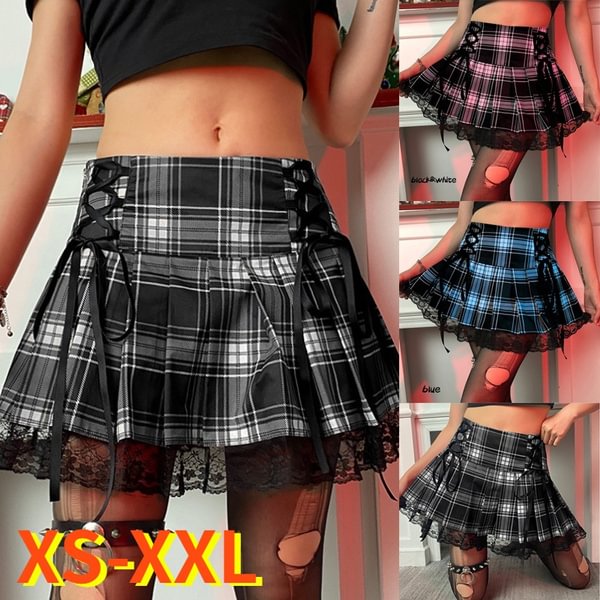Summer New Lace Up Goth Woman Skirts Pink Stripe Plaid Lace Trim Pleated Skirt Punk Dark Academia Aesthetic E Girl Clothes Xs-Xxl - Life is Beautiful for You - SheChoic