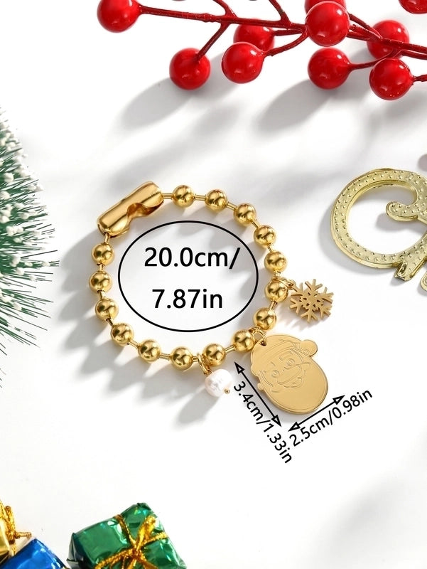 Casual Elegant Lady Santa Claus 304 Stainless Steel Freshwater Pearl 24K Gold Plated Freshwater Pearl Beaded Chain Bracelets In Bulk Christmas