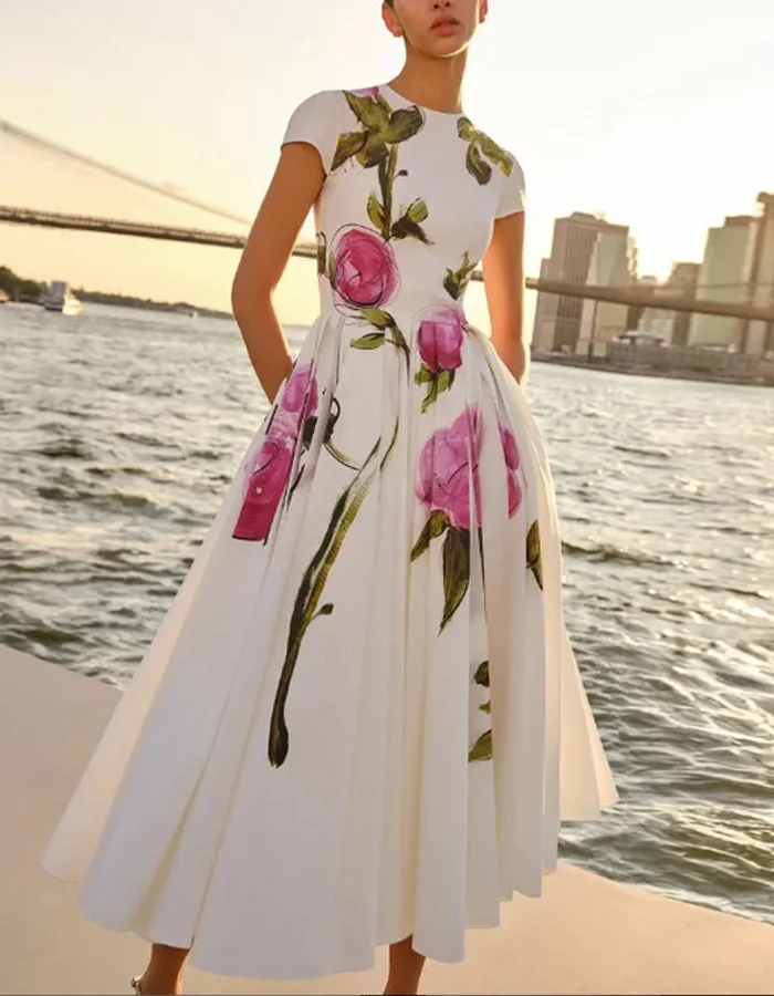 White Floral Print Midi Dress – Flower Girl, Bridesmaid or Formal Dress ...