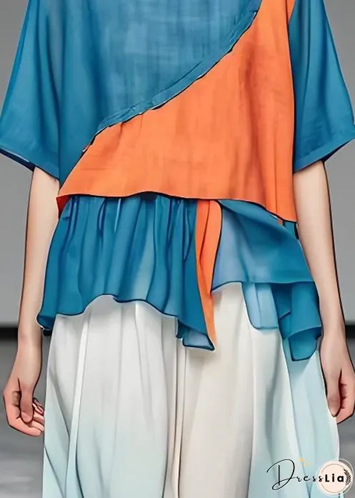 Loose Blue O Neck Asymmetrical Patchwork Cotton Top Summer