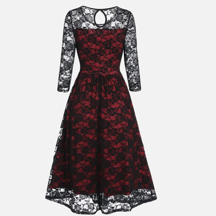 Hollow Out Rose Embroidery A-line Lace Dress  - Modakawa Modakawa