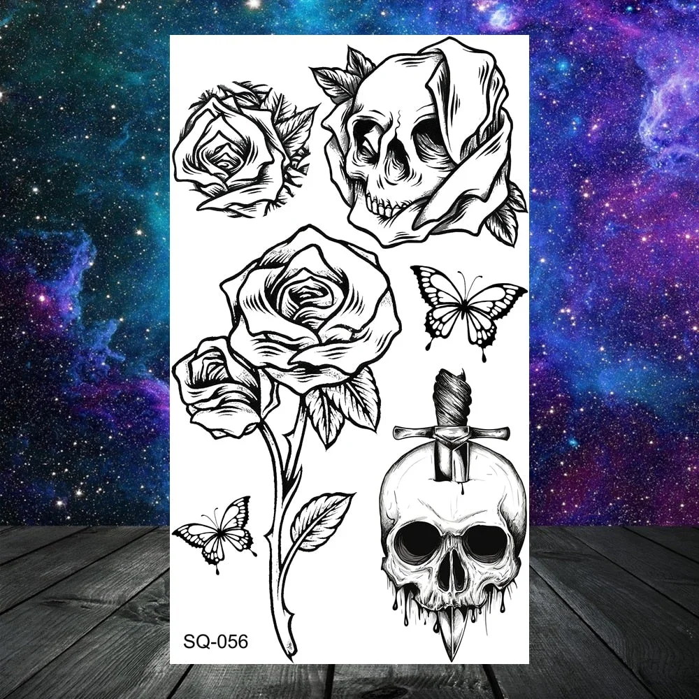 Black Skull Rose Flower Temporary Tattoos For Women Adult Girls Kids Snake Scorpion Wolf Tree Fake Tattoo Finger Ear Tatoos