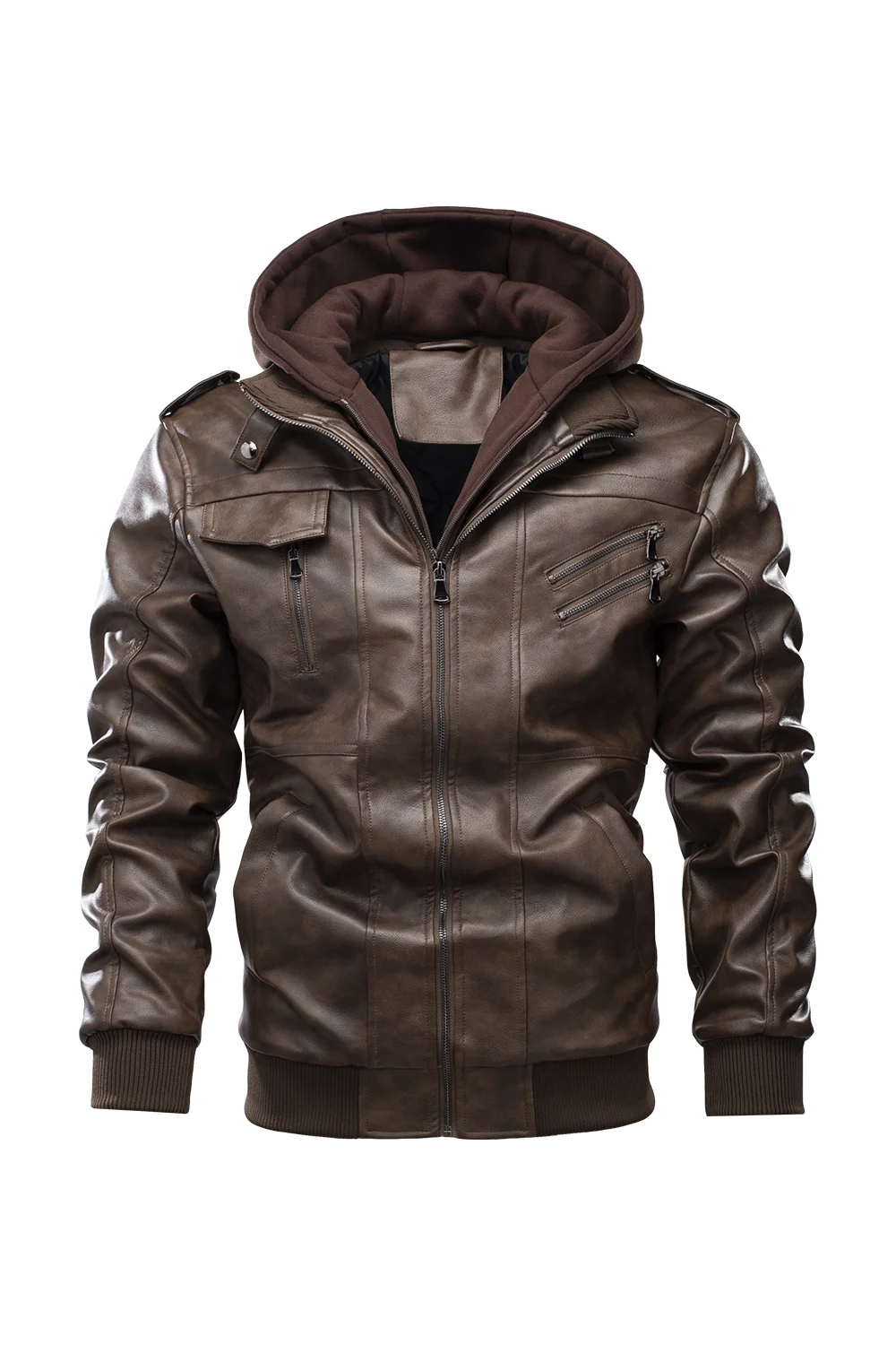 Men's Bomber Zipper Leather Removable Hooded  Bomber Faux Leather Jacket  Utility Motorcycle Outdoor Work Warm Winter Coat