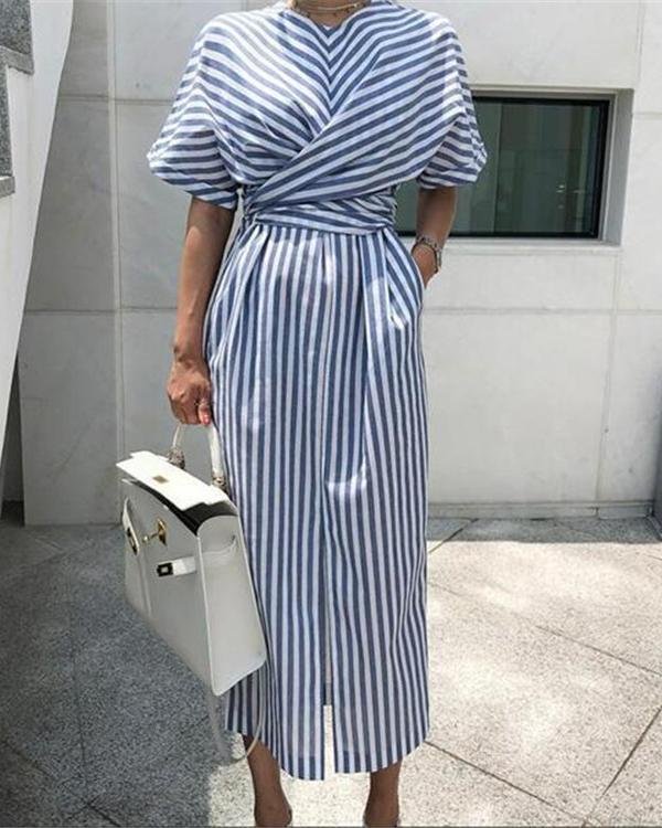 Elegant Stripe Short Sleeve Front Split Dress - Chicaggo