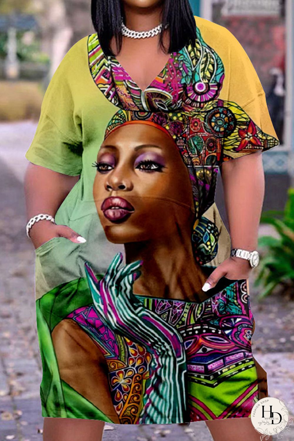 Multicolor Casual Street Print Patchwork V Neck Straight Dresses