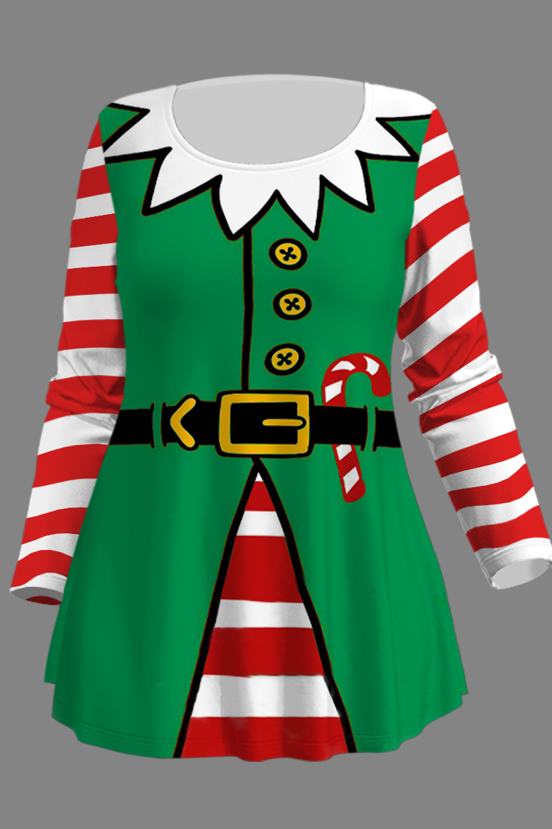 Flycurvy Plus Size Christmas Green Candy Cane Belt Striped Print T-Shirt 2024 - Flycurvy 