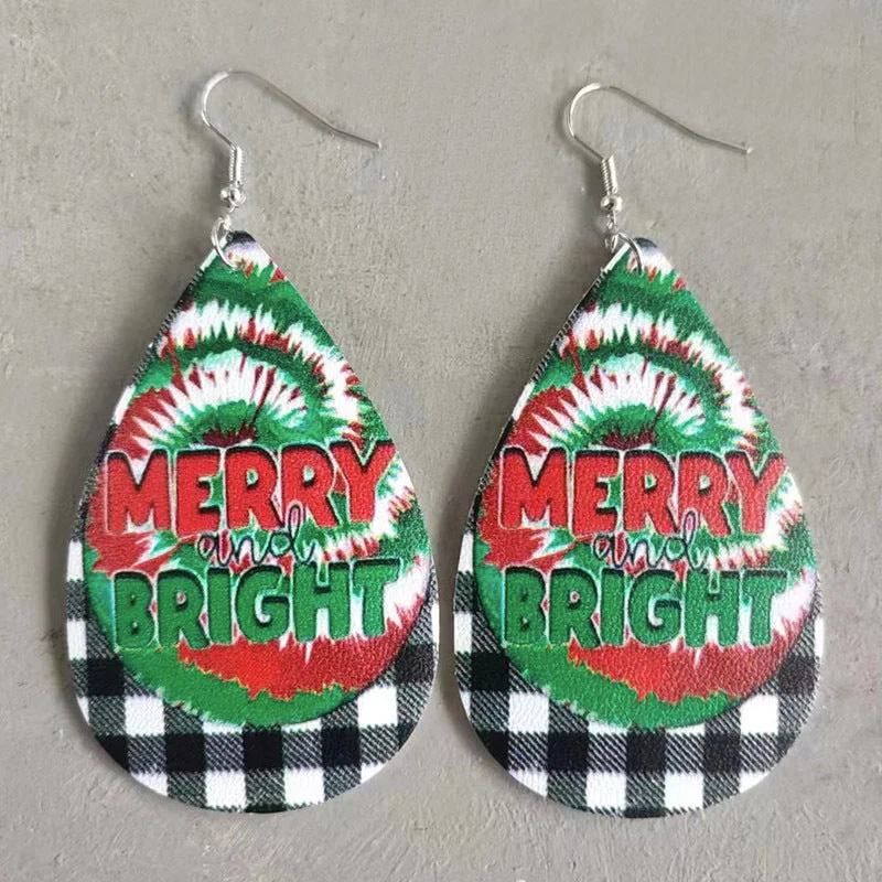 Christmas Merry Bright Tie Dye Plaid Leather Earrings