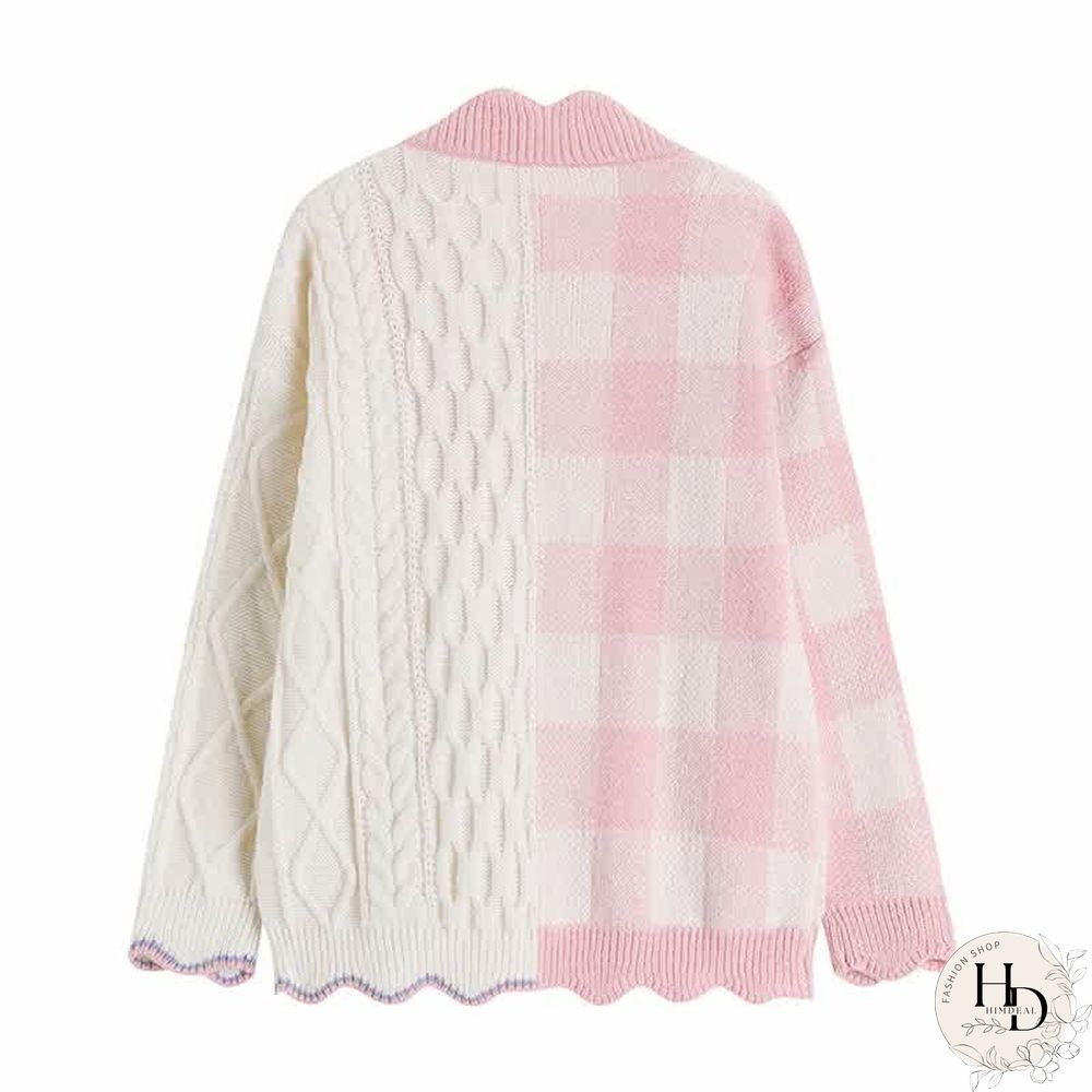 Lattice Print Colorblock Pocket Loose Cardigan Sweater