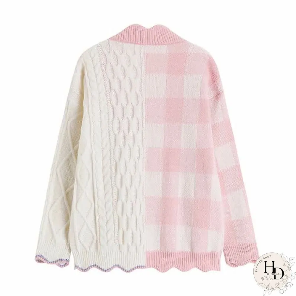 Lattice Print Colorblock Pocket Loose Cardigan Sweater