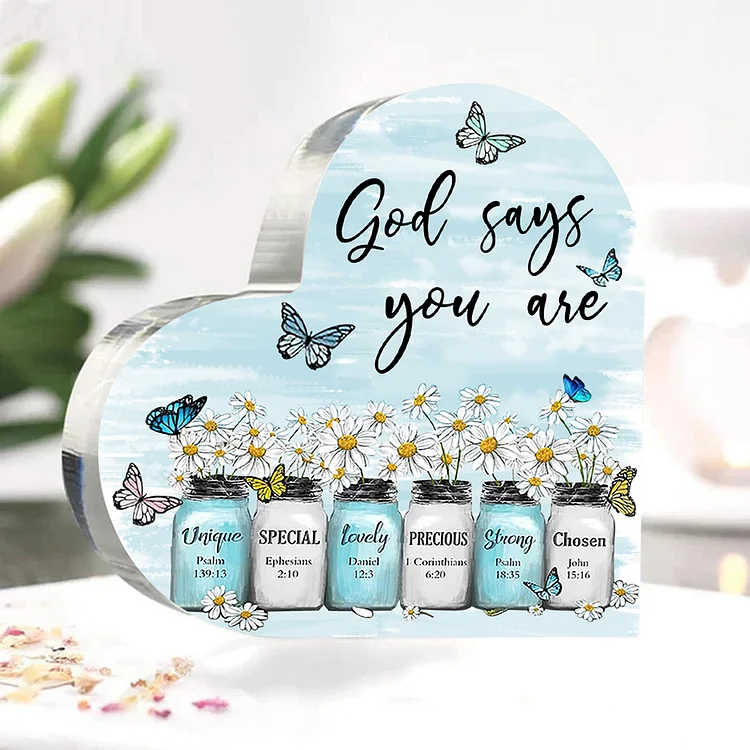 God Says You Are Special-Inspirational Quotes Pictures Blue Butterfly Flower Acrylic Heart Keepsake Desktop Ornament