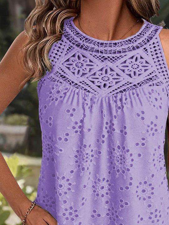 Women Sleeveless Scoop Neck Solid Lace Tops