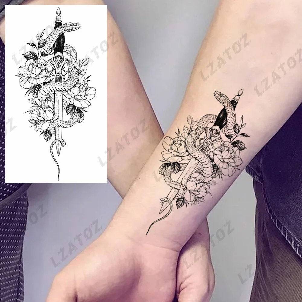 Sdrawing Rose Flower Temporary Tattoos For Woman Adults Realistic Compass Cross Fake Tatoos Sexy Waterproof Hand Tattoo Sticker