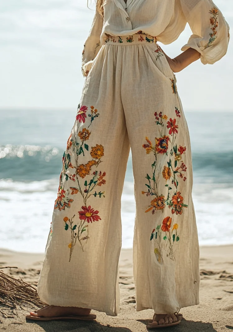 Women's Floral Embroidery Art Print Linen Lounge Pants