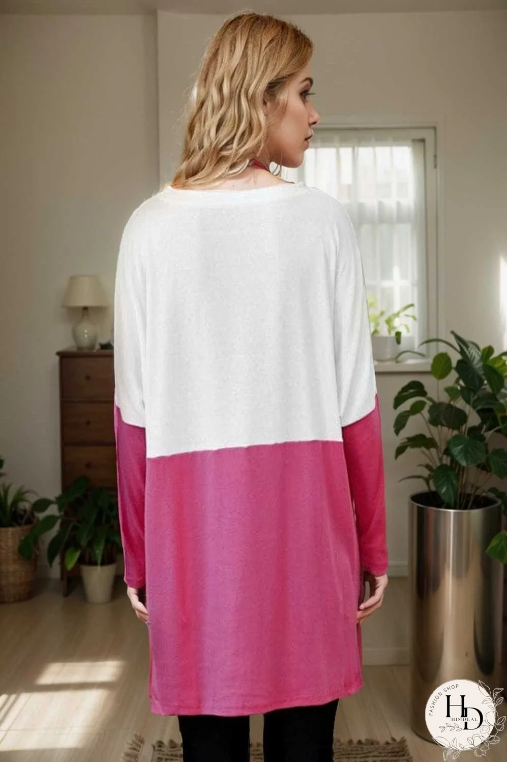 two color stitching pocket loose long sleeve t shirt