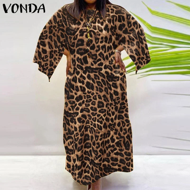 VONDA Women Bohemian Dress 2022 Casual Loose 3/4 Sleeve Holiday Dress Female Vintage Printed Party Vestidos Oversized Robe Femme