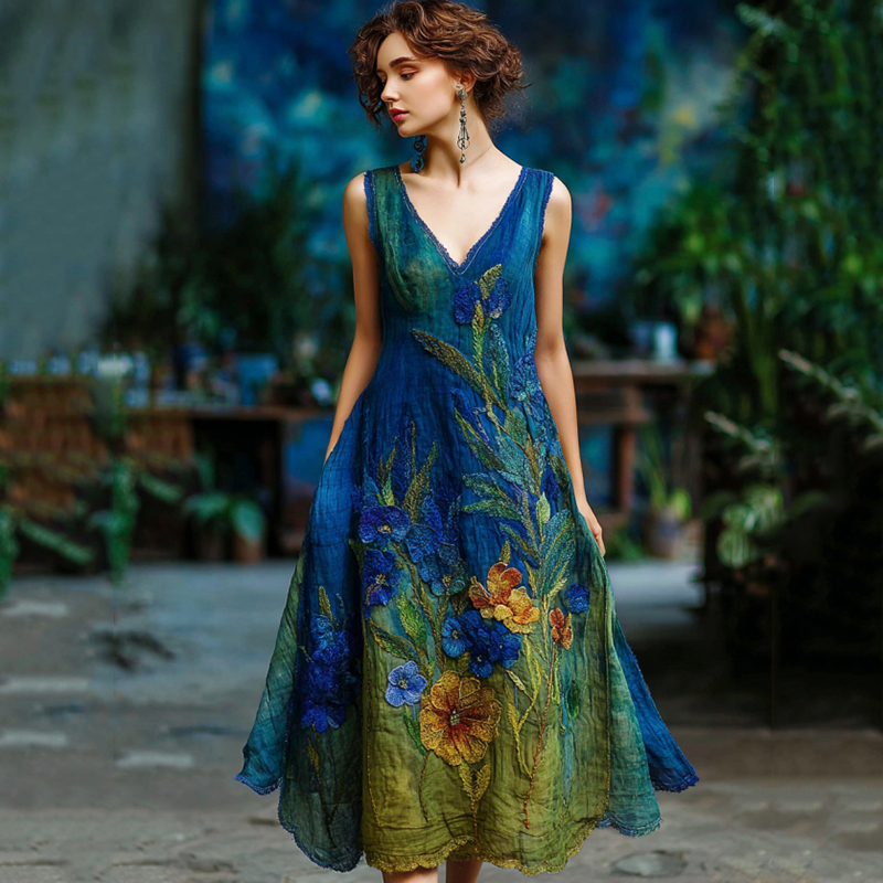 Vintage Floral Embroidered Flowy V Neck Midi Dress  artssus