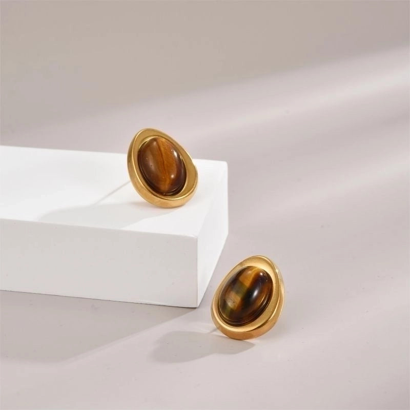 1 Pair Classical Artistic Oval Plating Inlay Stainless Steel Natural Stone 18K Gold Plated Ear Studs