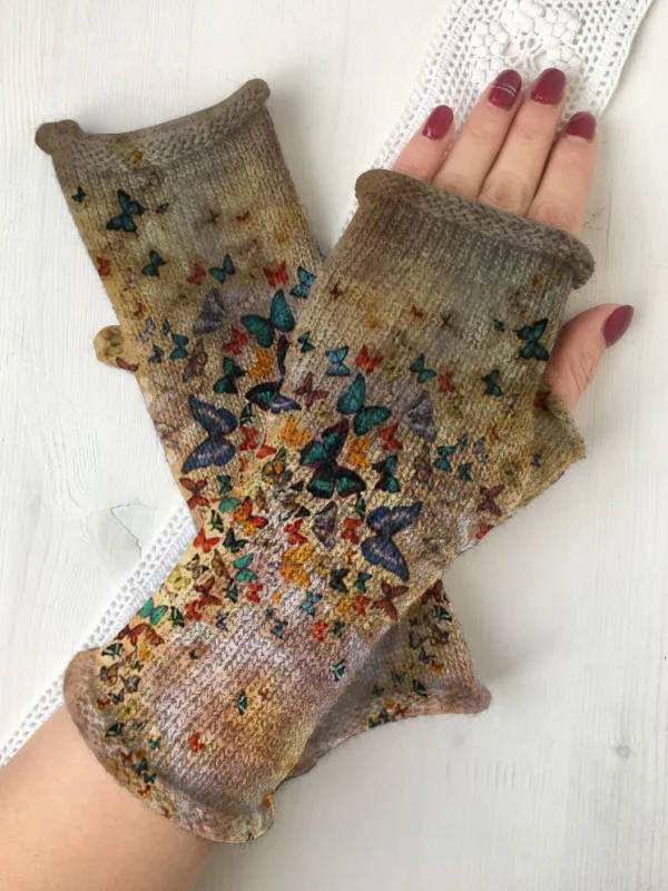 Retro butterfly knit fingerless gloves