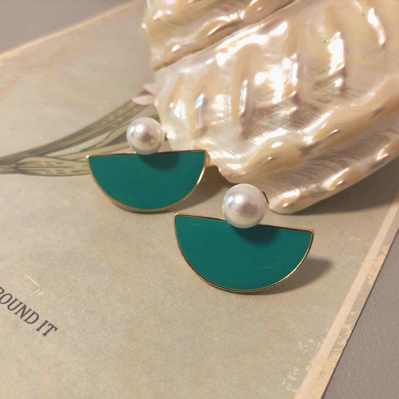 Vintage Blue-green Drip Glaze Pearl Earrings- Fabulory