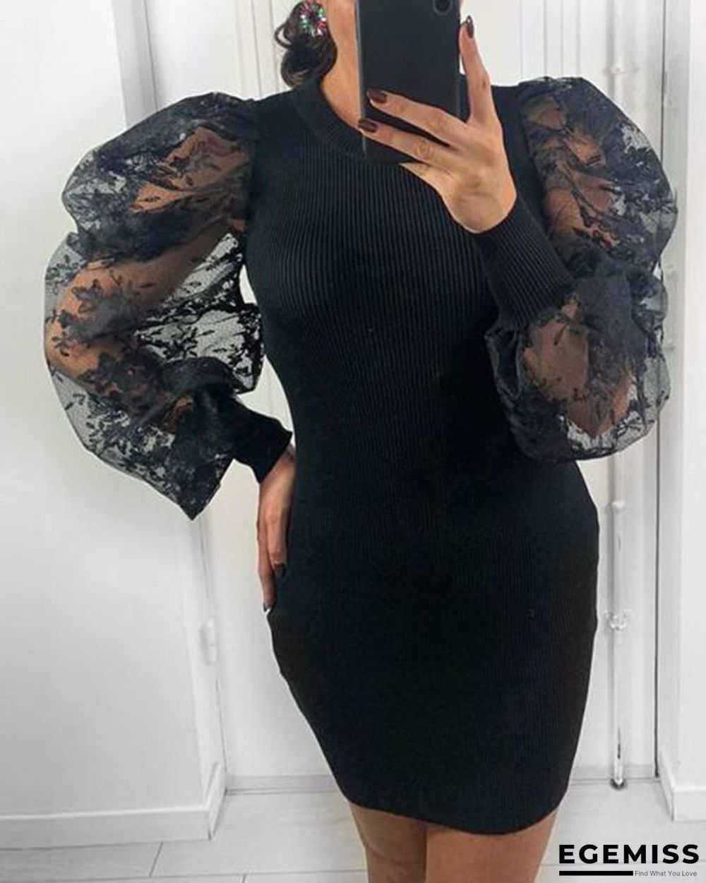 Mesh Sleeve Bodycon Rib Dress Black Dresses | EGEMISS