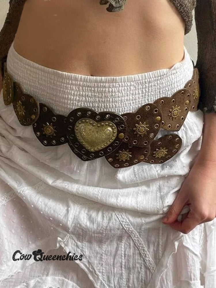 Western Cowboy Heart Stitching Rivet Retro Belt Brown / One