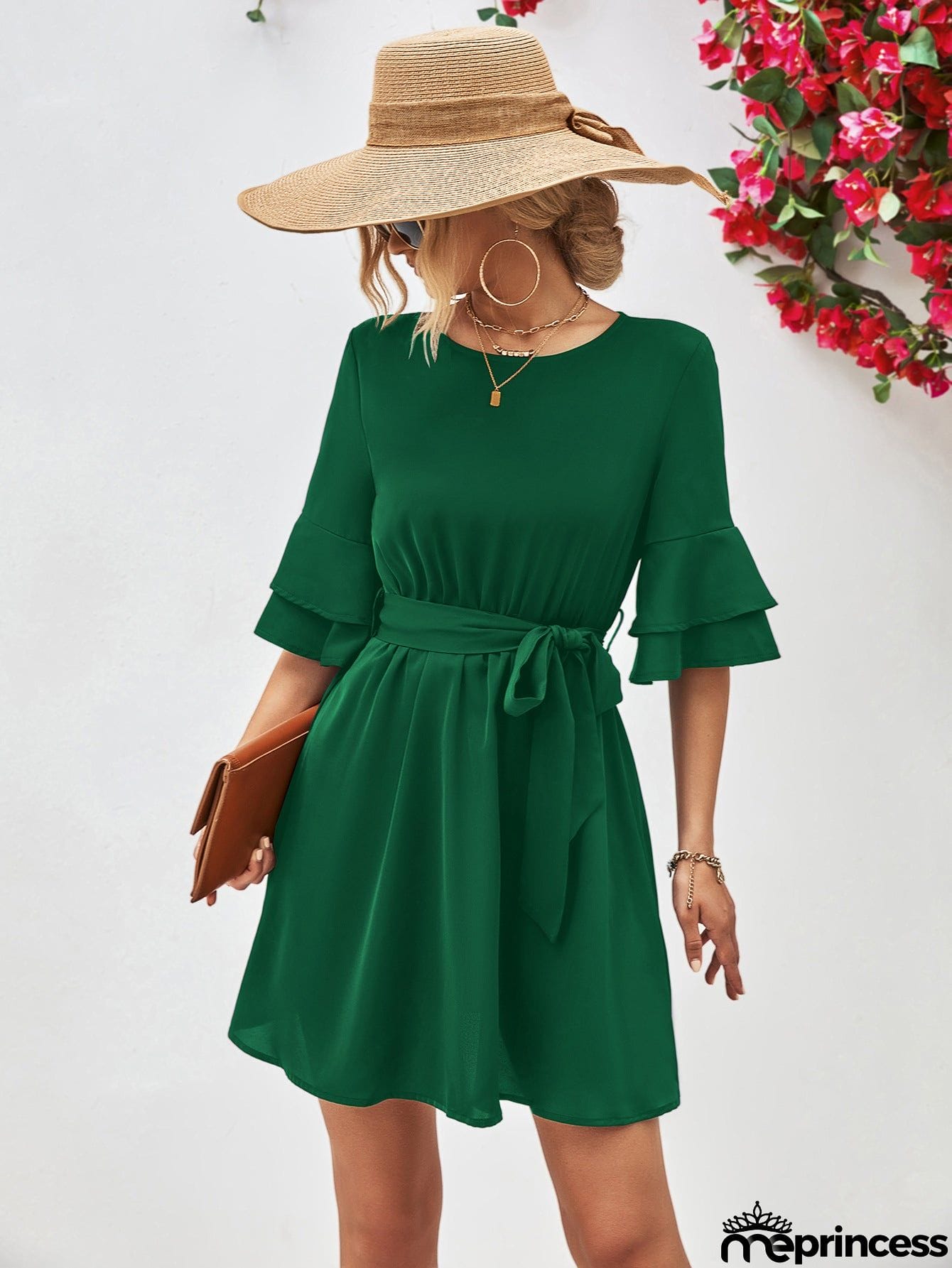 Round Neck Tie Belt Flounce Sleeve Dress