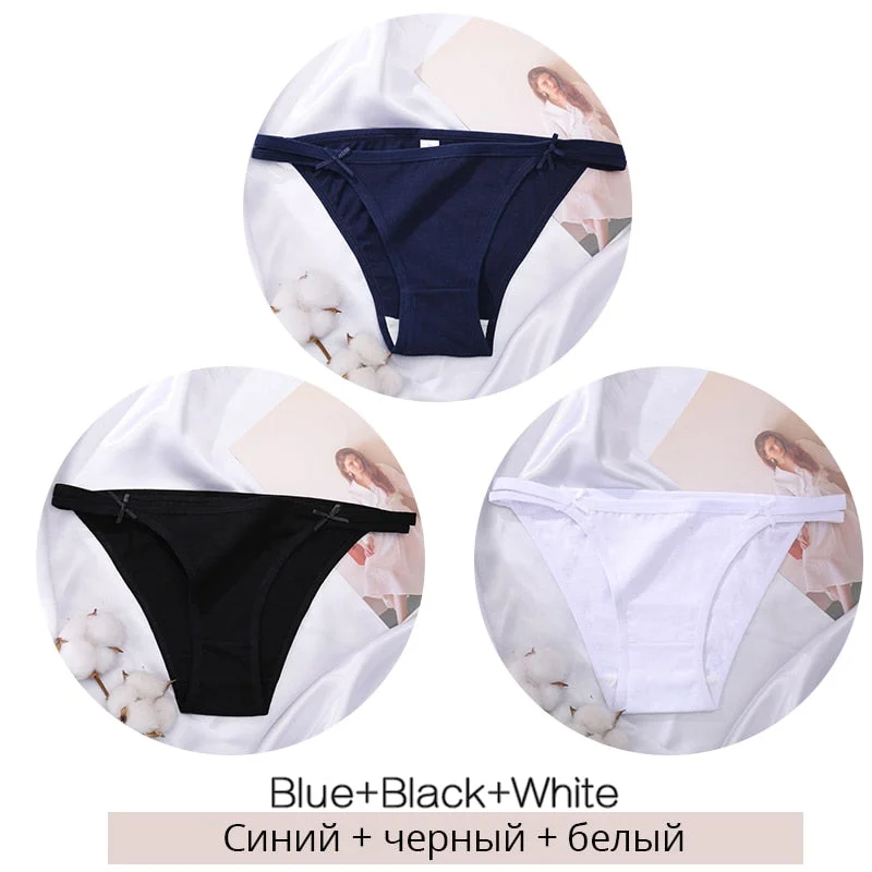 FINETOO M-2XL Bow Cotton Panties 3Pcs/set Women Briefs Girls Plus Size Underpants Low-rise Hollow Underwear Female Lingerie 2021