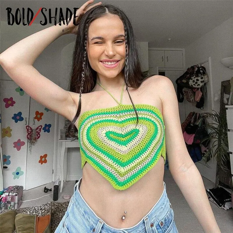 Bold Shade Indie Aesthetic Green Bandana&nbsp;Tops Knit Harajuku Heart Pattern Sexy Halter Camisole Cute Lace Up Backless Cropped Top