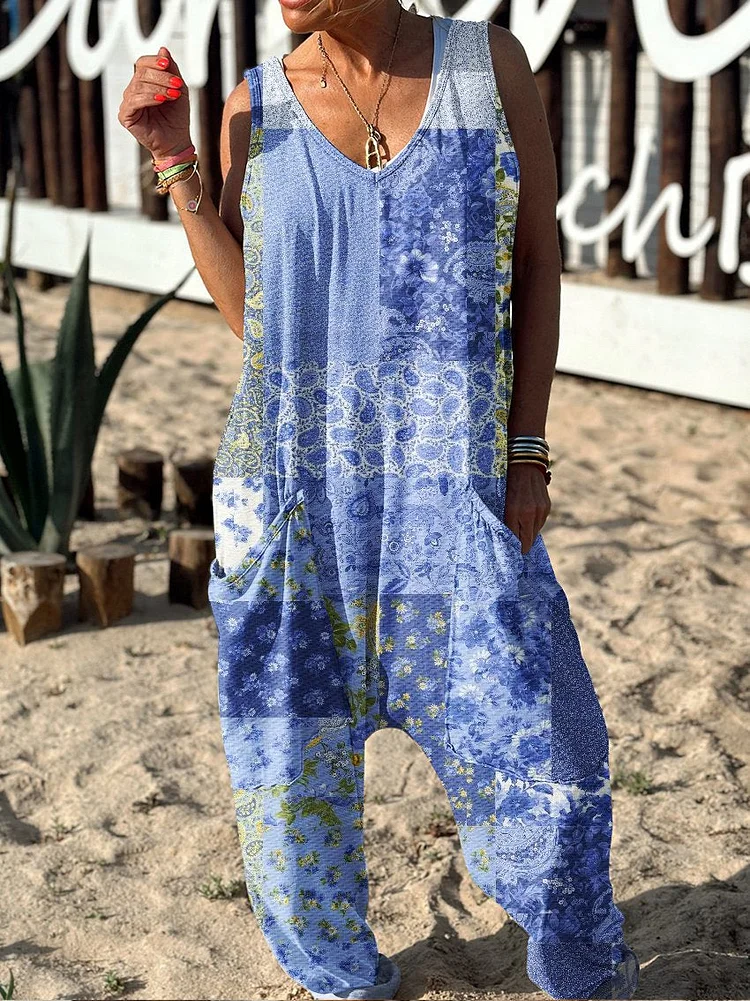 Retro Floral Pattern Hippie Art Print Casual 100% Cotton Wide Leg Jumpsuit