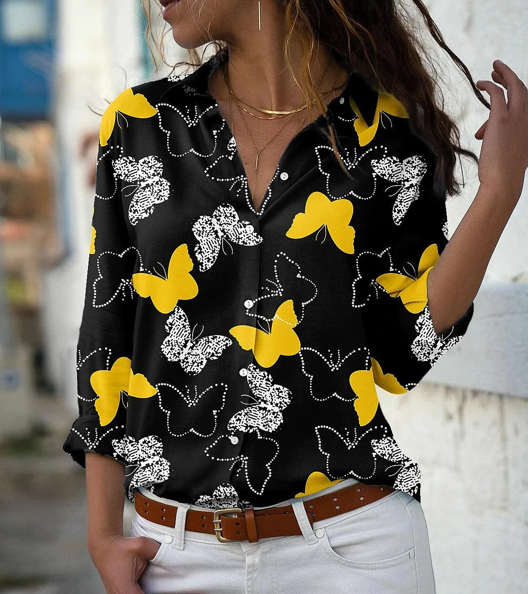 Butterfly Print Blouses For Women Turn-down Collar Long Sleeve Elegant Office Lady Tops Casual Plus Size Fashion Shirts Blusas