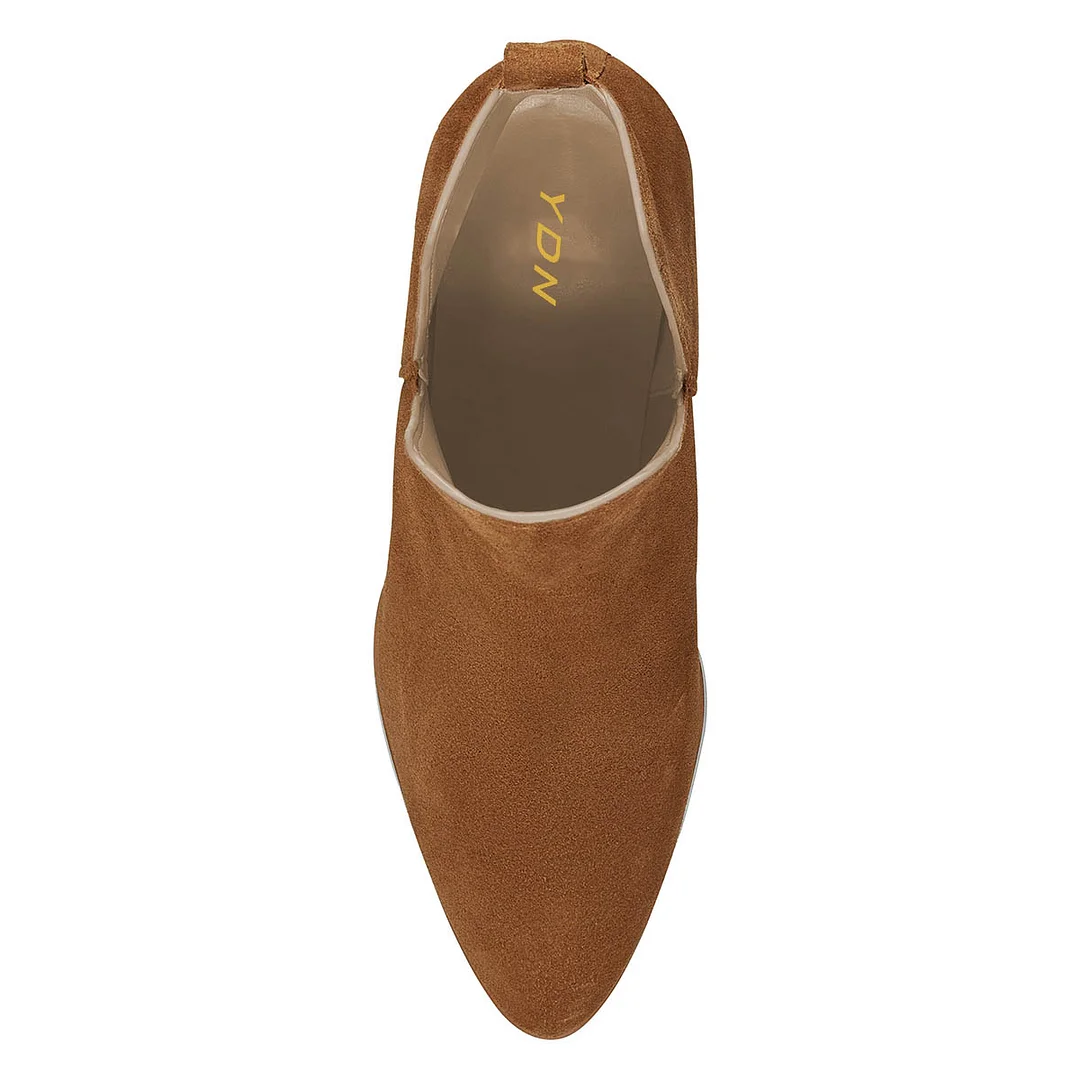 Brown Vegan Suede V Cut-Out Pointed Toe Stacked Heel Ankle Boots