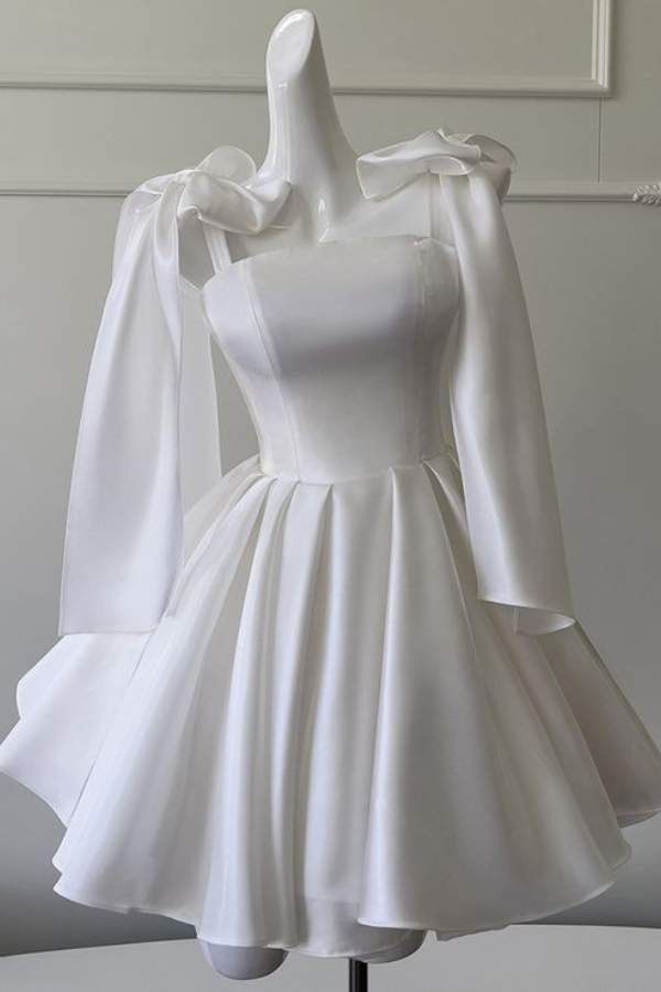  White Square Neck Satin Homecoming Dresses Ball with Big Bow Knot - Ohprom