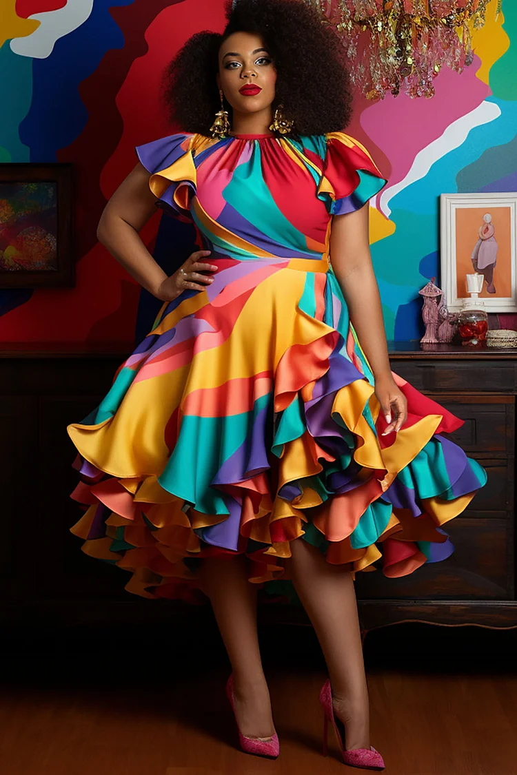 Xpluswear Design Plus Size Party Vintage Multicolor Colorblock Round Neck Petal Sleeve Short Sleeve Ruffle Satin Tiered Midi Dresses 