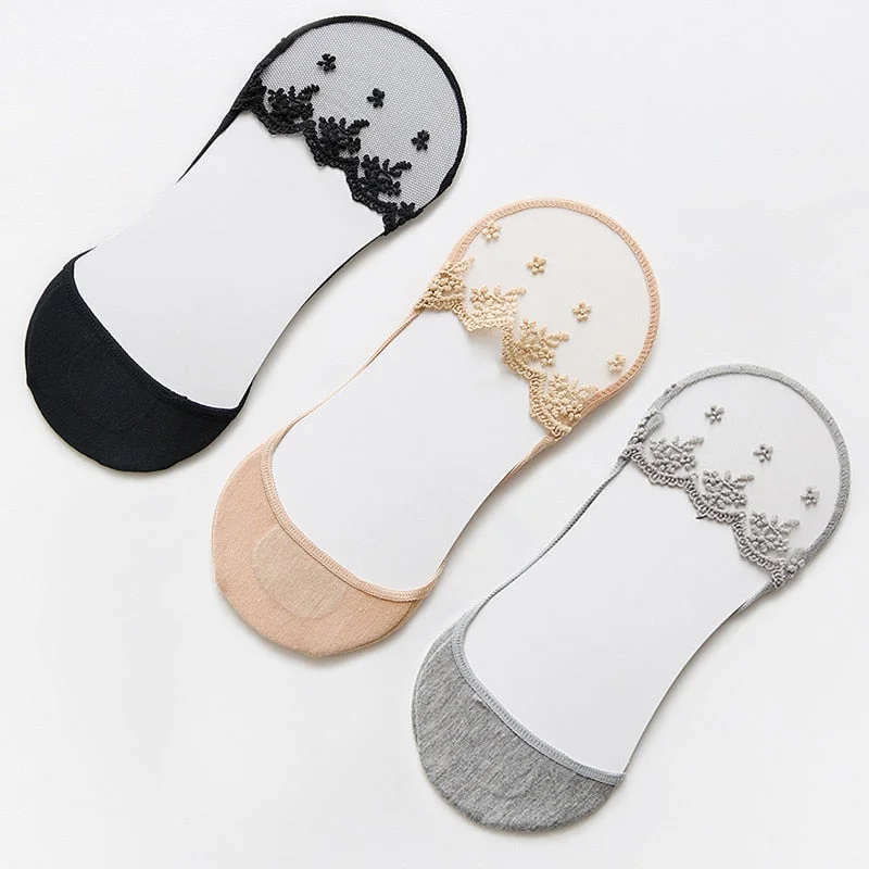 New Transparent Short Lace Socks Women Summer Hollow Out Female Soft Invisible Breathable Boat Socks Slippers 2020 3 Pairs