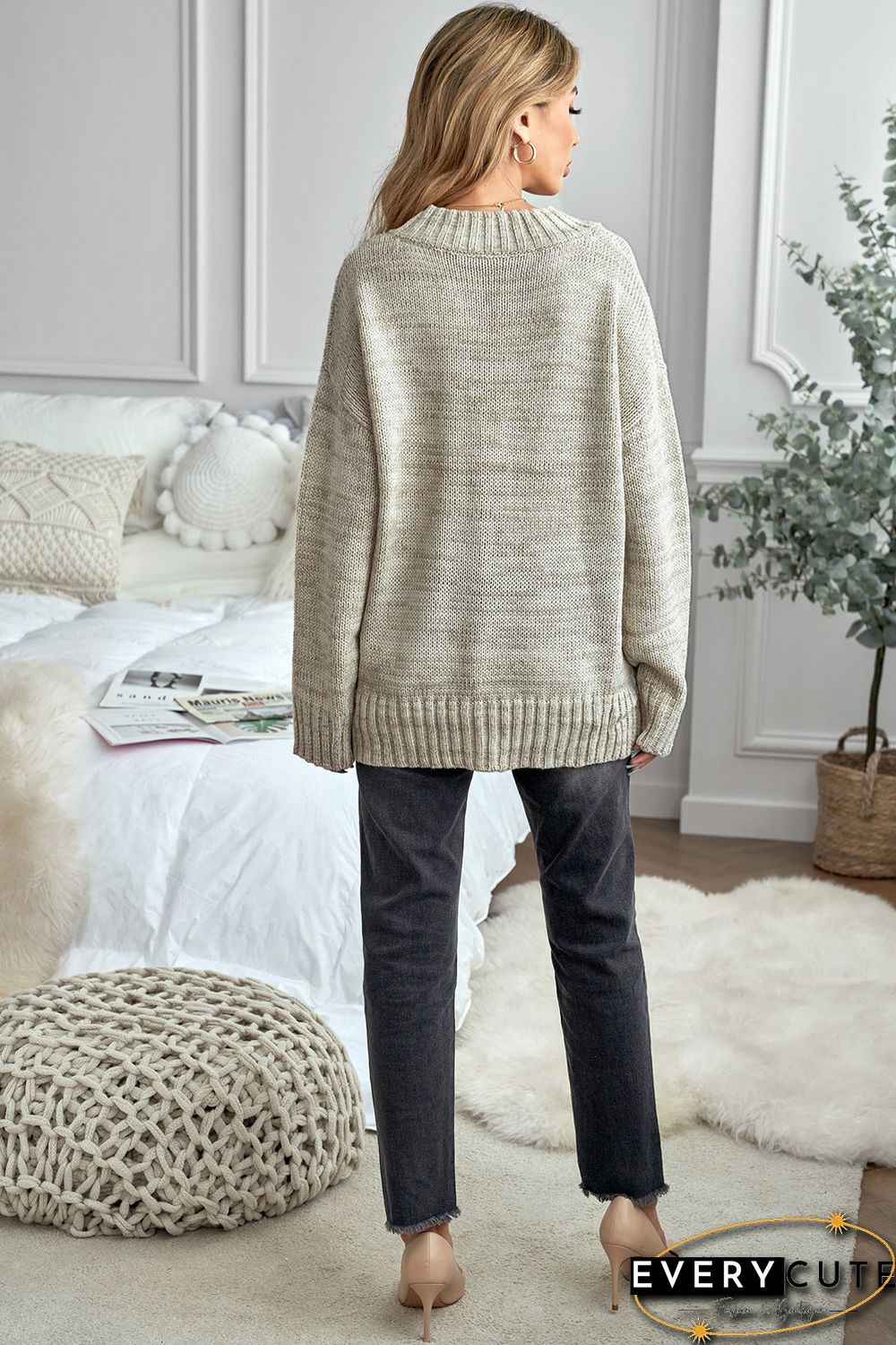 Khaki V neck Drop Shoulder Knitted Sweater