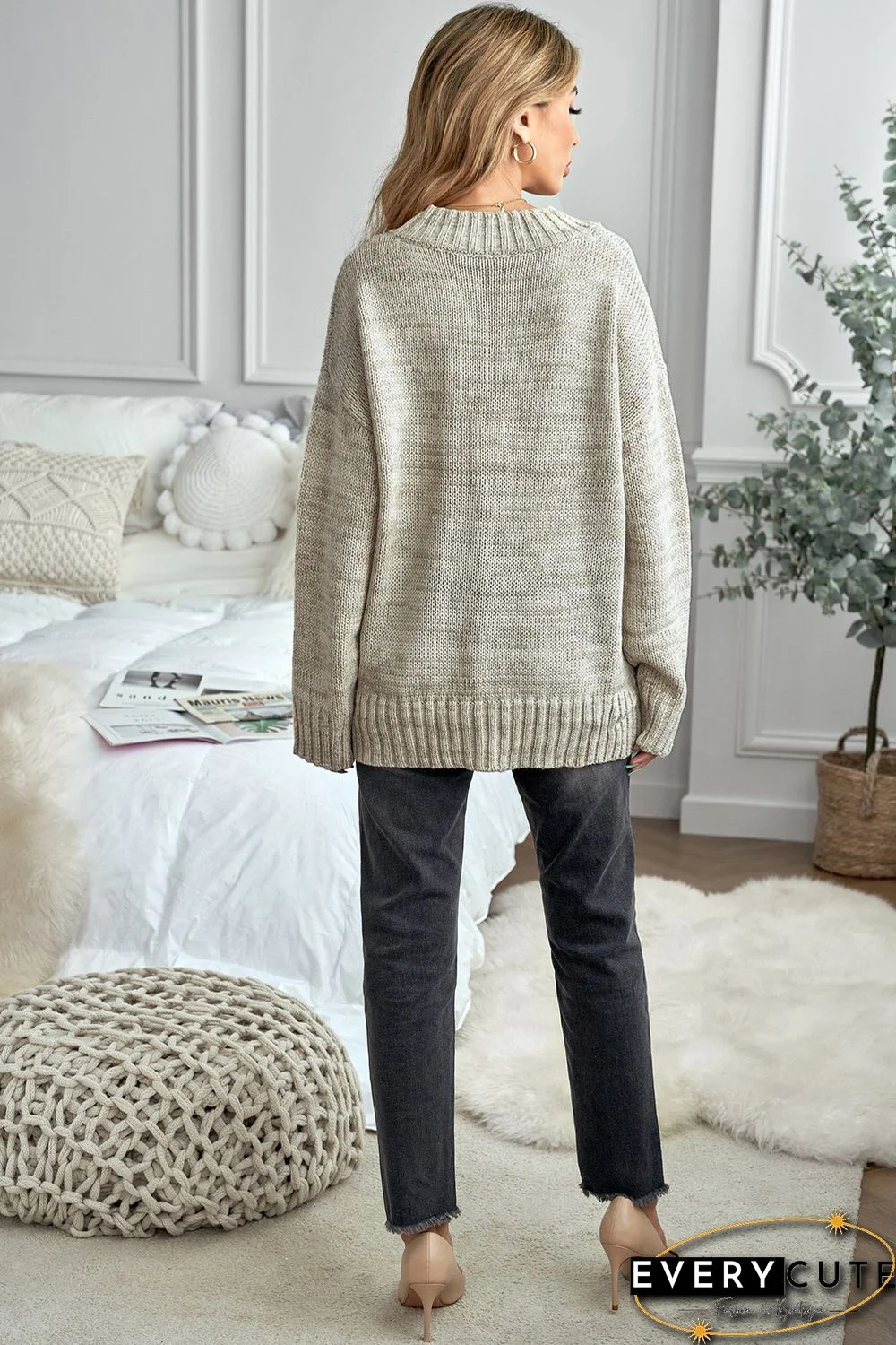 Khaki V neck Drop Shoulder Knitted Sweater