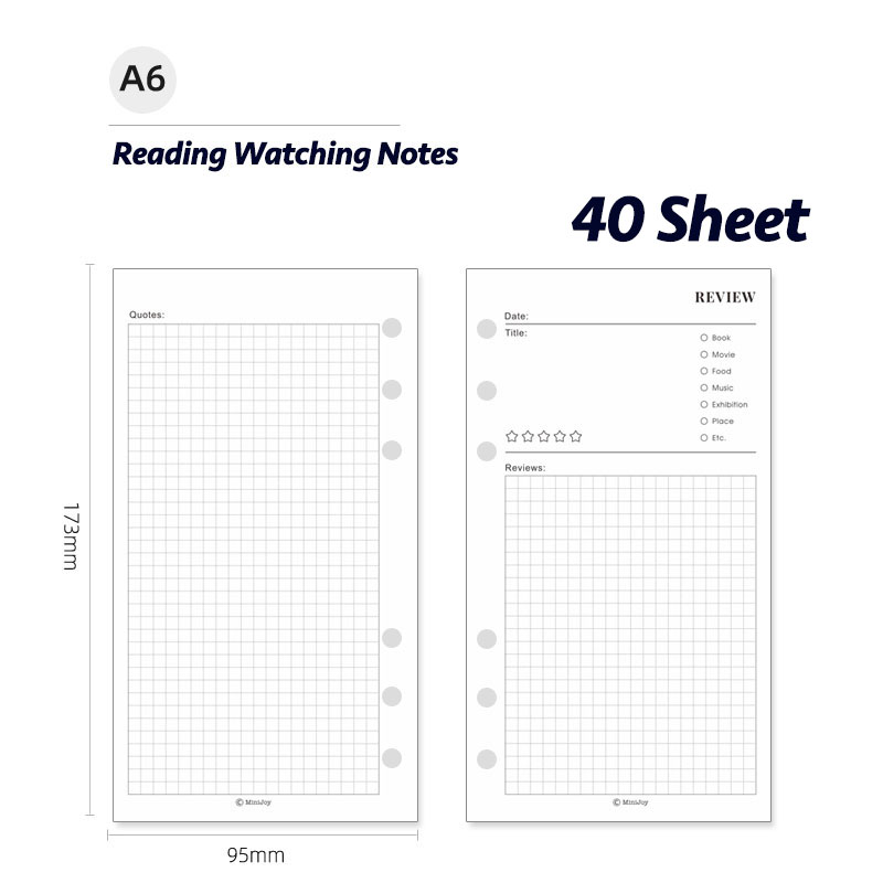 Fromthenon Minimalist Ledger Loose Leaf Paper 40 Sheets  A6A7 Inner Pages Reading Watching Notes Loose Leaf Replacement Core