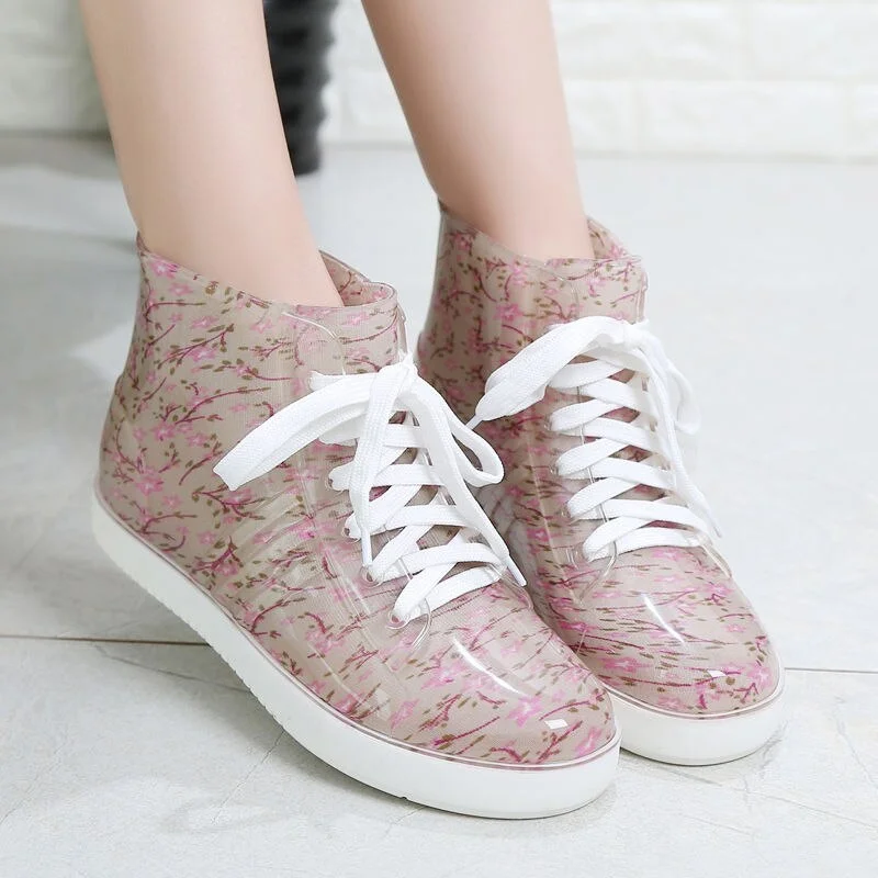 Leopard Women's Rainshoes Waterproof Non-Slip Flat Rubber Shoes Women Rain Boots Short Tube Lace Up Velvet Warmer Winter Boots