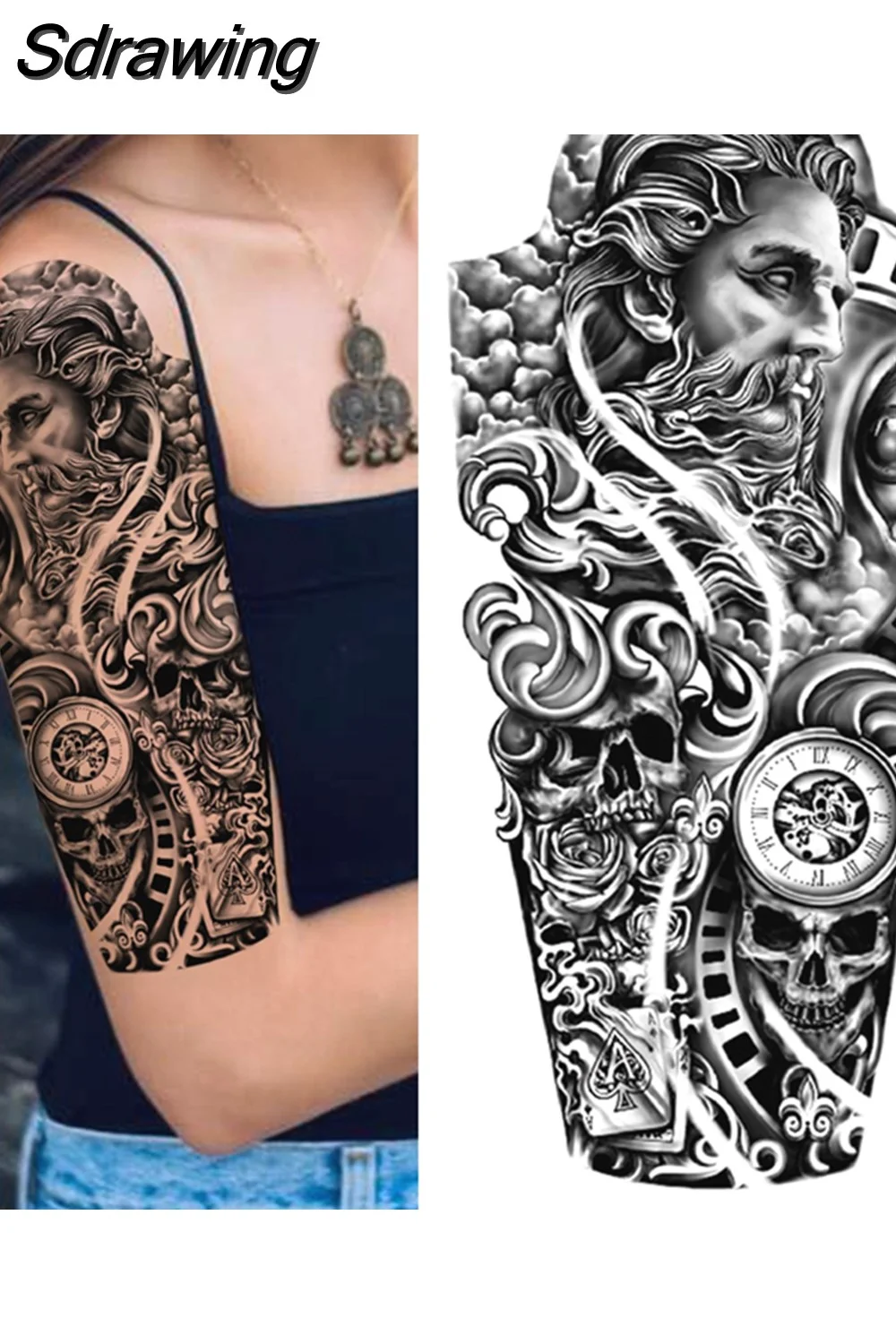 Sdrawing Forest Tattoo Sticker For Men Women Children Tiger Wolf Death Skull Temporary Tattoo Fake Henna Skeleton King Animal Tatoo 430-0