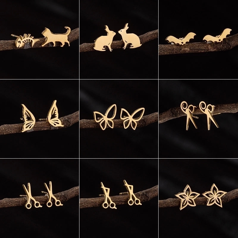 1 Pair Cute Minimalist Dog Cat Flower Polishing Hollow Out 304 Stainless Steel 18K Gold Plated Ear Studs